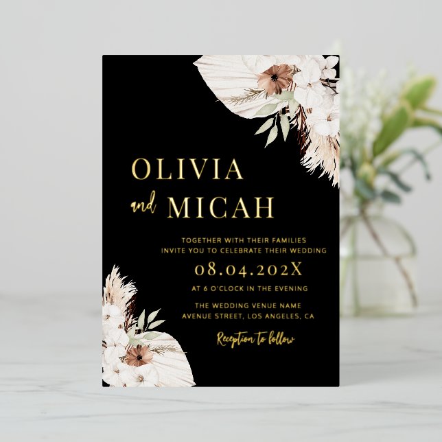 Boho pampas césped invitación a la boda negra oro (Anverso de pie)