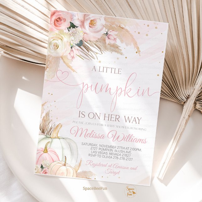Boho Pampas, Chica de la invitación de la calabaza (Pumpkin Baby Shower Invitation Girl, Boho Pampas Little Pumpkin Shower Invites, Fall Autumn )