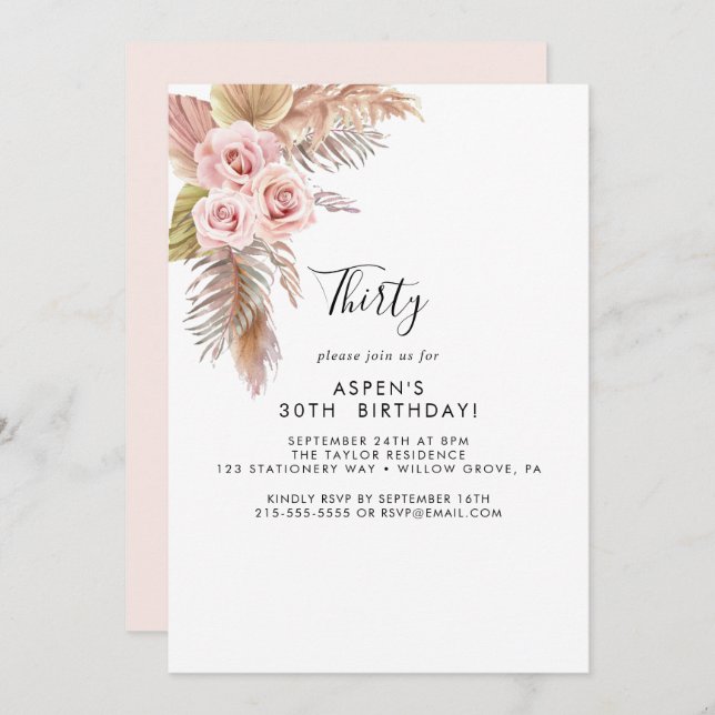 Boho Pampas Grass 30. Invitación a cumpleaños (Anverso / Reverso)