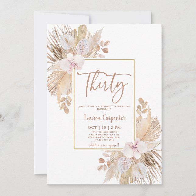 Boho Pampas Grass 30. Invitación a cumpleaños (Anverso)