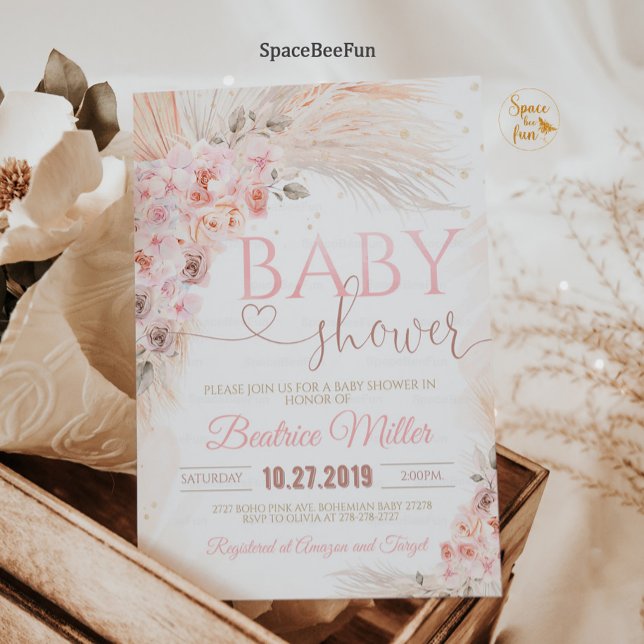 Boho Pampas Grass Baby Shower Invitación Chica Boh (Boho Pampas Grass Baby Shower Invitation Girl Bohemian Tropical Pink and Gold Invites.)