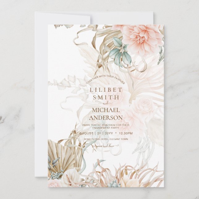 BOHO Pampas Grass Floral Coral Sage Boda (Anverso)