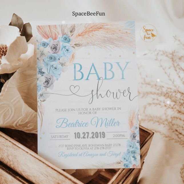 Boho Pampas Grass Invitación a Bohem (Boho Pampas Grass Baby Shower Invitation Boy Bohemian Tropical  Blue  and Gold  Invites )