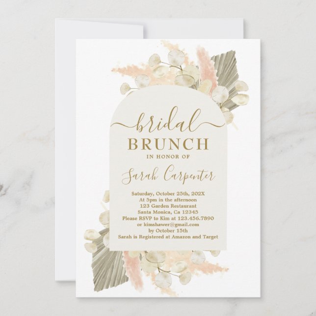 Boho Pampas Grass Lunaria Bridal Brunch Invitación (Anverso)