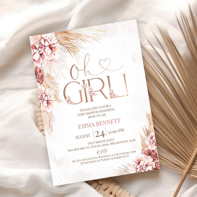 Boho Pampas Grass Oh Chica Invitación a Baby Showe (Boho Blush Floral Oh Girls Baby Shower Invitation, Pampas Grass, Girls Bohemian Baby Shower Invite)