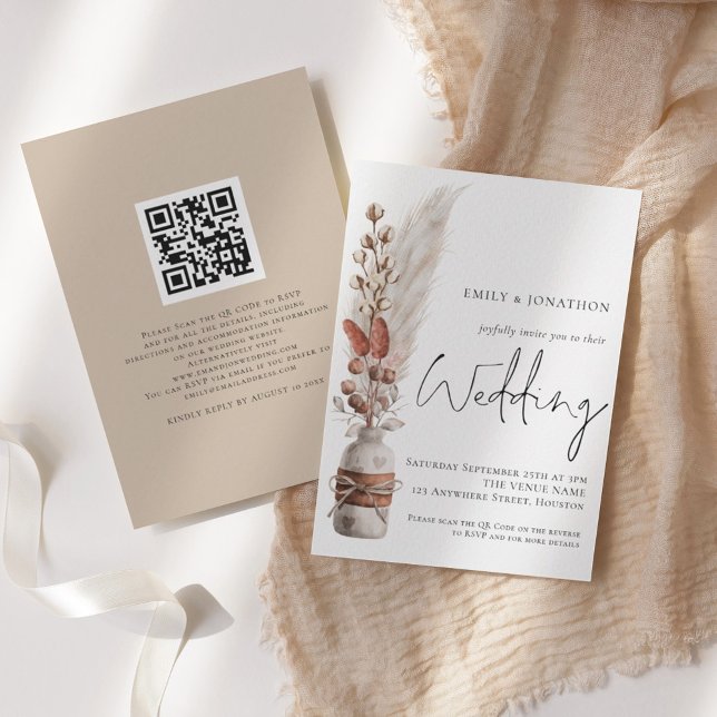 Boho Pampas Grasses QR Código Invitación a la boda (Subido por el creador)