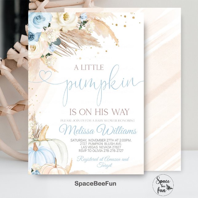 Boho Pampas, niño de la invitación a la calabaza e (Pumpkin Baby Shower Invitation Girl, Boho Pampas Little Pumpkin Shower Invites, Fall Autumn )