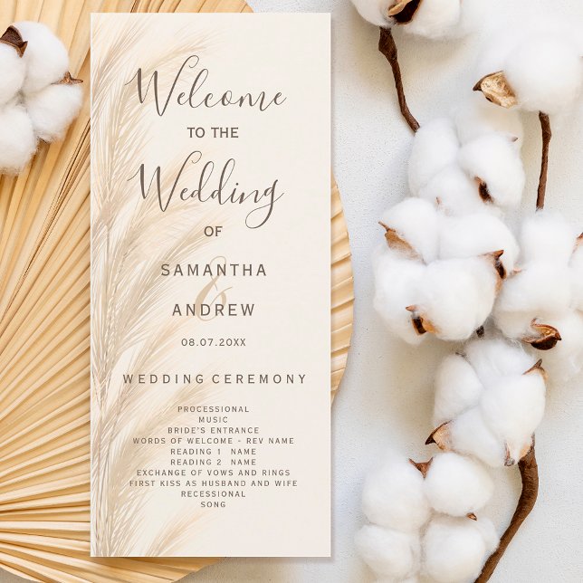 Boho pampas programa de bodas de césped acuarela (Boho pampas grass watercolor wedding program)
