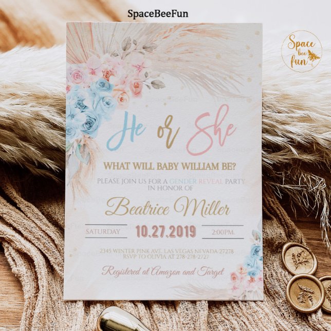 Boho Pampas recibe una invitación de Baby Shower (Boho Pampas Grass Baby Shower Invitation Bohemian Gender reveal)