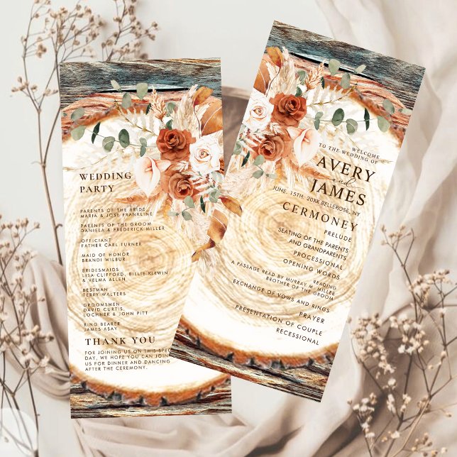 Boho Pampas Rustic Wood Slice Wedding Program  (Subido por el creador)