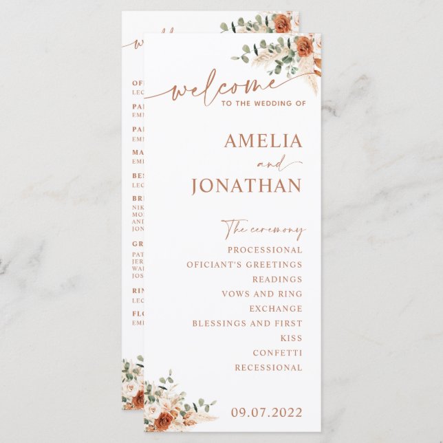 Boho Pampas Terracotta Wedding Program Card Tarjet (Anverso / Reverso)