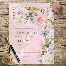 Boho Pampas y Roses Rosados Invitación a la boda