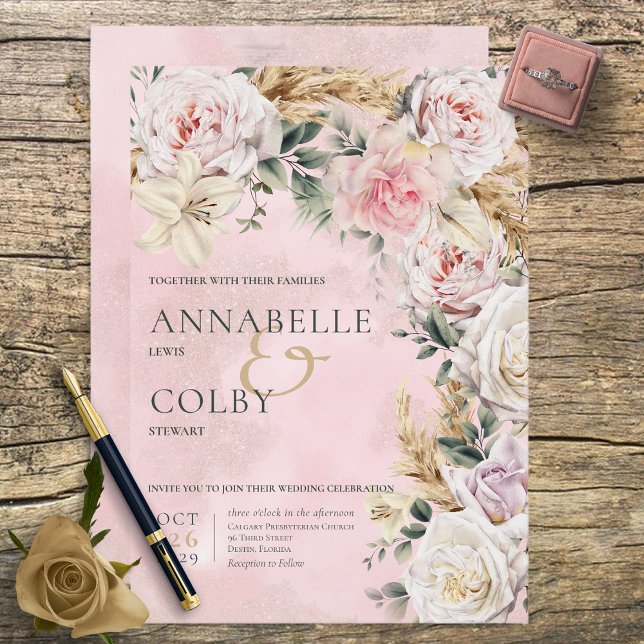 Boho Pampas y Roses Rosados Invitación a la boda (Subido por el creador)