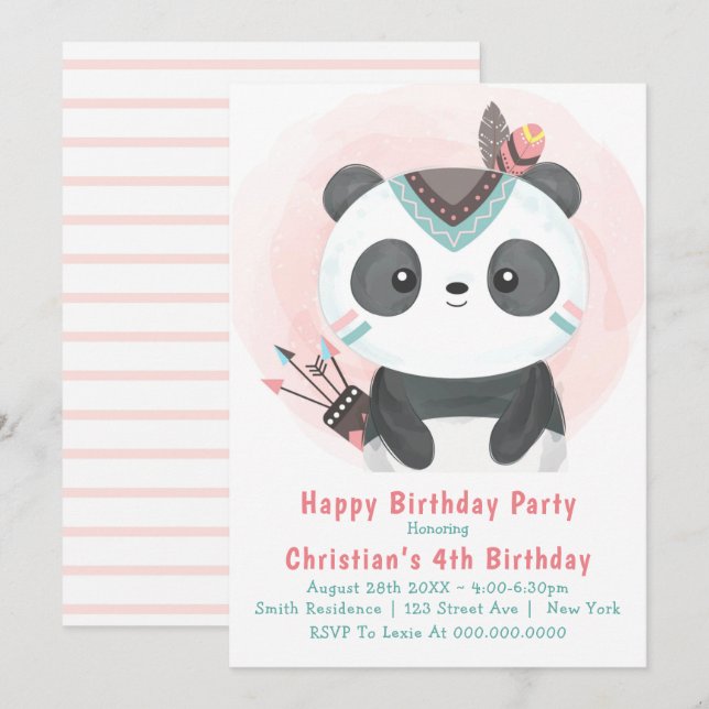 Boho Panda lleva 4 invitaciones de cumpleaños (Anverso / Reverso)