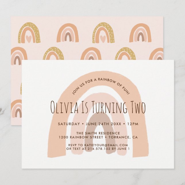 Boho Pastel Rainbow Segunda Invitación de cumpleañ (Anverso / Reverso)