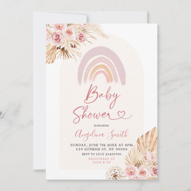 Boho Pink Floral Baby Invitación (Anverso)