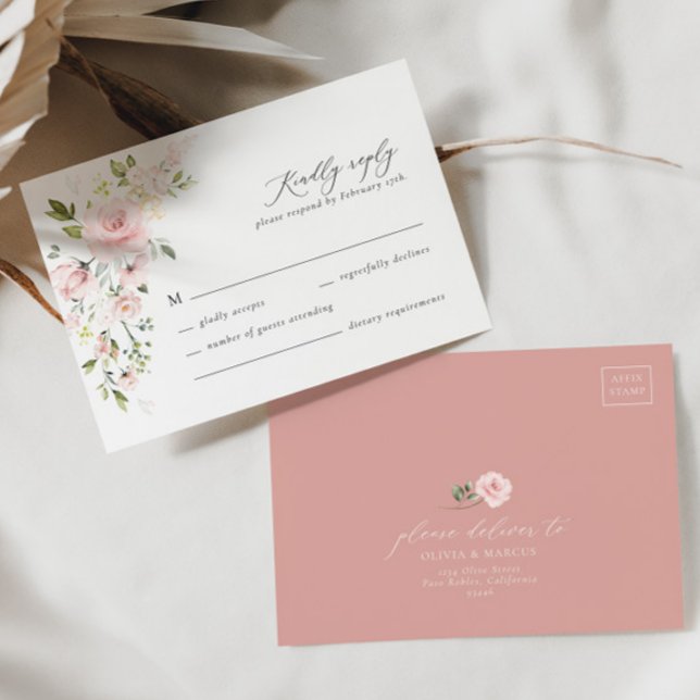 Boho Pink Floral Olive Elegant Wedding Tarjeta RSV (RSVP Card Front/Back)
