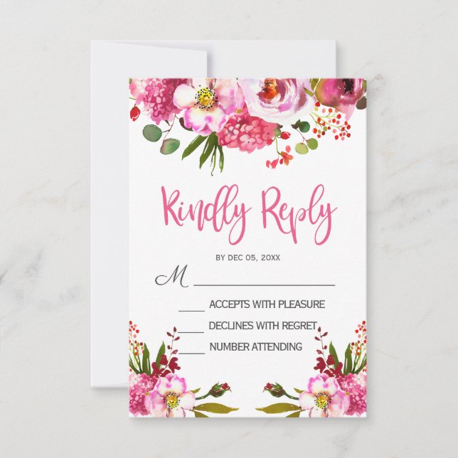 Boho Pink Floral Typography Wedding Tarjeta RSVP (Anverso)