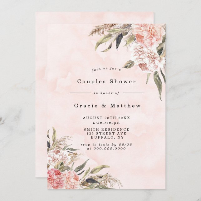 Boho Pink Peony Parejas Ducha Invitaciones (Anverso / Reverso)