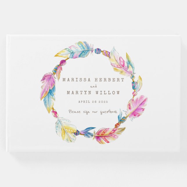 Boho plumas acuarela colorido libro de bodas (Anverso)