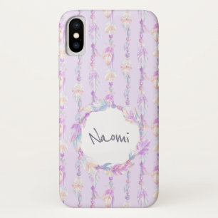 Boho plumas acuarela nombre arte funda púrpura