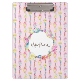 Boho plumas acuarela nombre portapapeles rosa