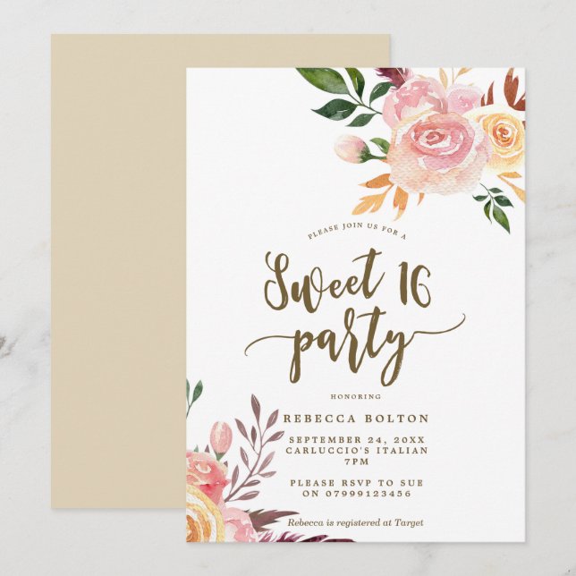 boho plumas florales Sweet 16 invitación (Anverso / Reverso)