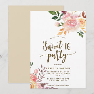 boho plumas florales Sweet 16 invitación
