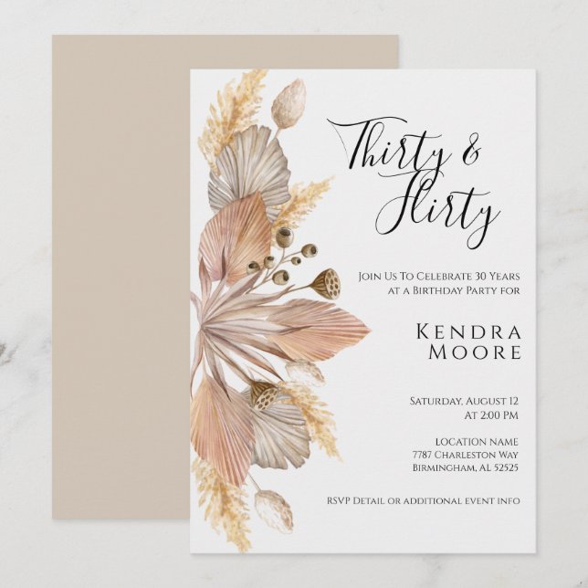 Boho Pompas Grass Thirty & Flirty Bday Invitación (Anverso / Reverso)