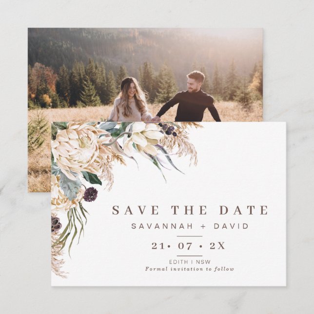 Boho Protea Pampas Boda Guardar La Tarjeta De Fech (Anverso / Reverso)