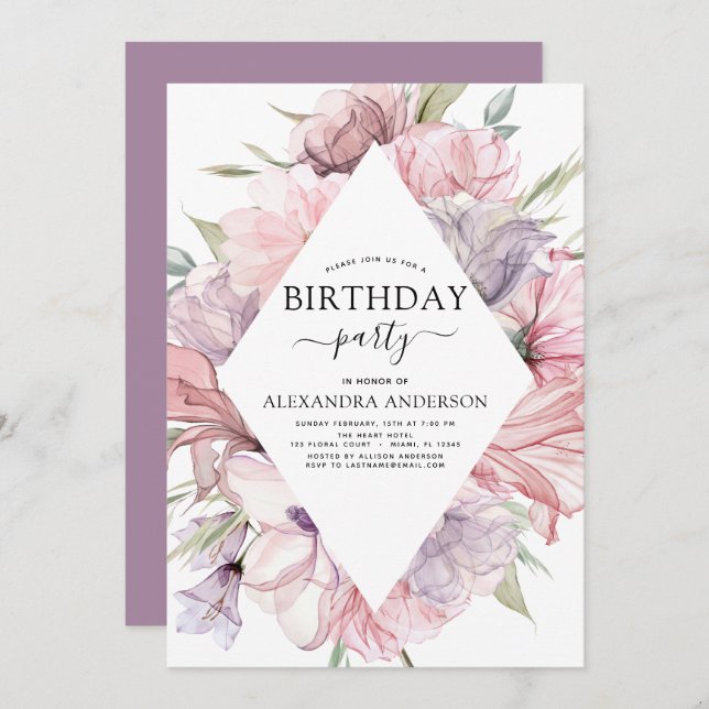 Boho Purple Any Age Birthday Floral Invitación (Anverso / Reverso)