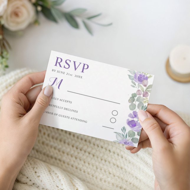 Boho Purple Floral Eucalyptus Wedding RSVP (Subido por el creador)
