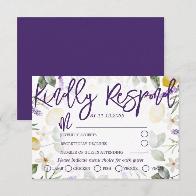 Boho Purple Lavender & Lemons Wedding RSVP (Anverso / Reverso)