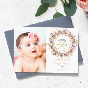 Boho Purple Wildflowers Foto Invitación al bautism