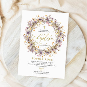 Boho Purple Wildflowers Invitación al bautismo