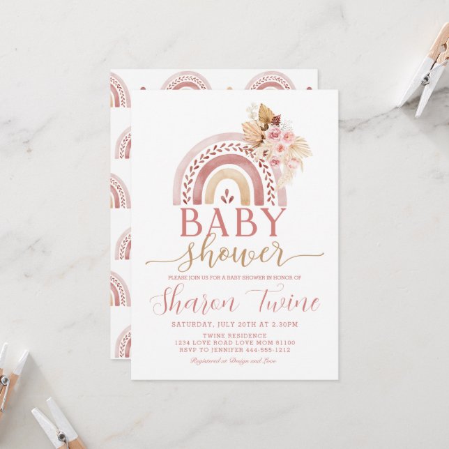 Boho Rainbow Baby Shower Invitación Pampas Grass (Anverso/Reverso In Situ)