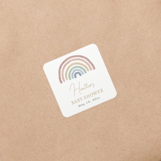 Boho Rainbow Baby Shower Pegatina (Colorful Boho Rainbow Baby Shower Square Sticker by Painted Paperie
)