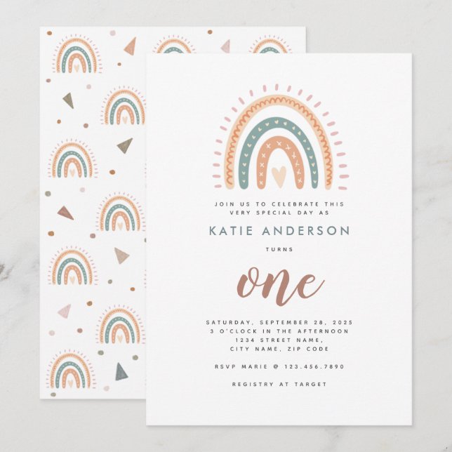 Boho Rainbow Pastel Primera Invitación de Cumpleañ (Anverso / Reverso)