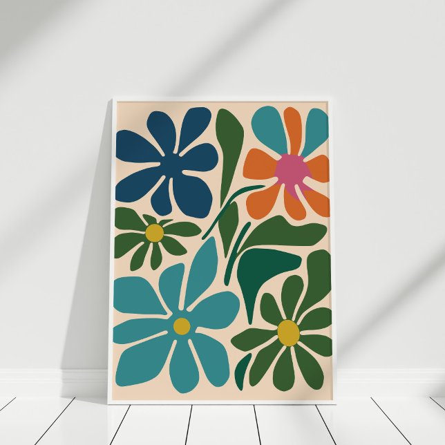 Boho Retro Groovy Flor Muro arte (Boho Retro Groovy Flower Market Wall Art in a white frame on the wooden floor.)