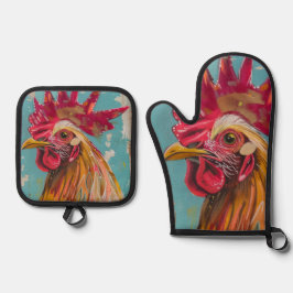 Boho Rooster Oven Mitt & Hot Pad Set