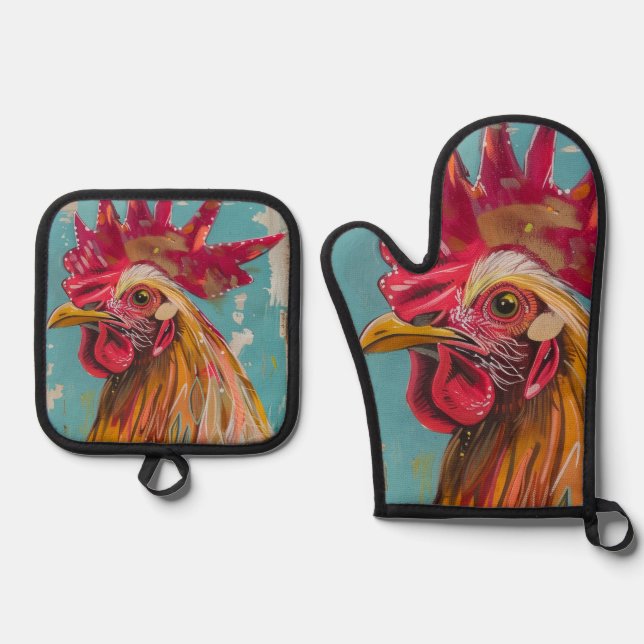 Boho Rooster Oven Mitt & Hot Pad Set (Anverso)