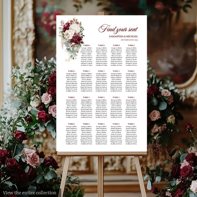 Boho rosas de oro rojo oscuro arte de la tabla de  (Boho dark red gold roses wedding seating chart art

)