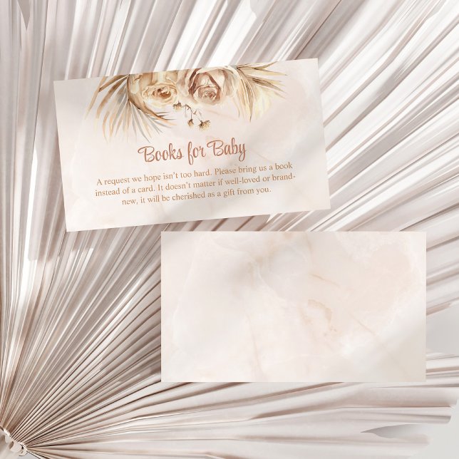 Boho Rubor Floral Books para la tarjeta de cierre  (Boho Blush Floral Books for Baby Enclosure Card on a sunny white dry palm leaf.)