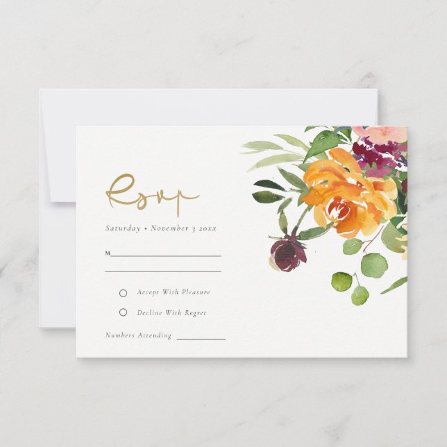Boho Rubor Naranja amarillo Boda floral RSVP (Anverso)