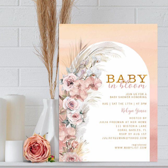 Boho Rubor Pampas Baby en Bloom Invitación (Beautiful Baby In Bloom Invitation)
