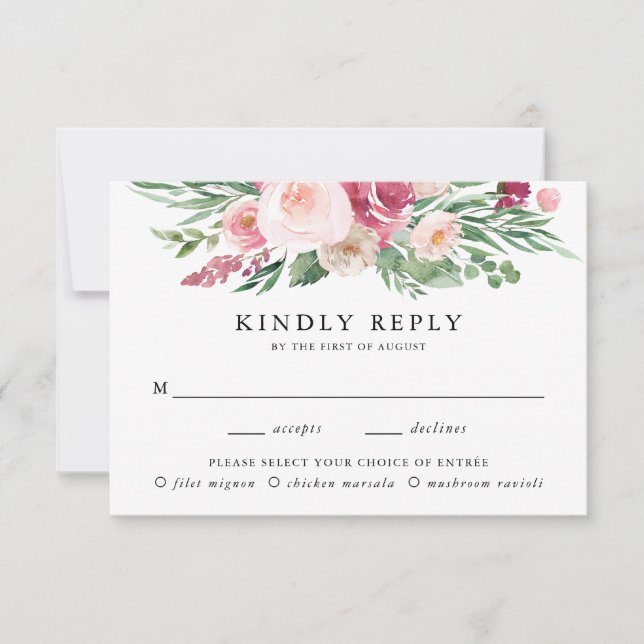 Boho Rubor & Pink Floral Meal Choice Wedding RSVP (Anverso)
