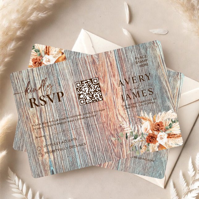 Boho Rustic Wood Grain QR Code RSVP Card (Subido por el creador)