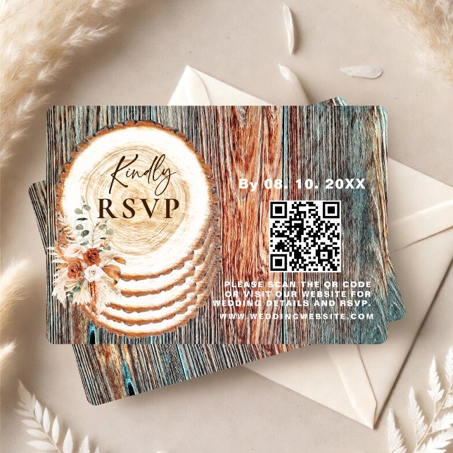 Boho Rustic Wood Slice RSVP Card with QR Code (Subido por el creador)
