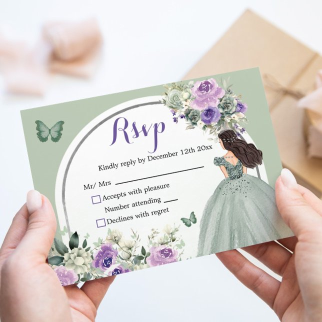 Boho Sage Green Lilac Floral Princesa XV Años RSVP (Subido por el creador)