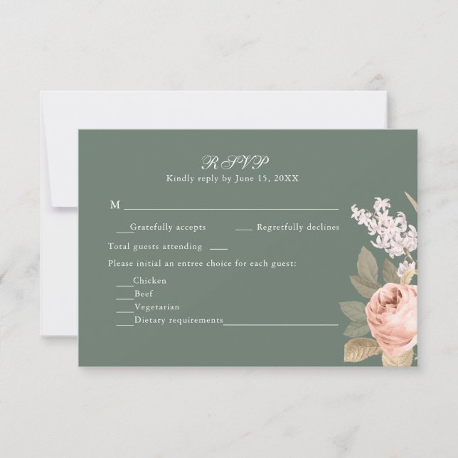 Boho Sage Green Peonies Wedding RSVP Card (Anverso)